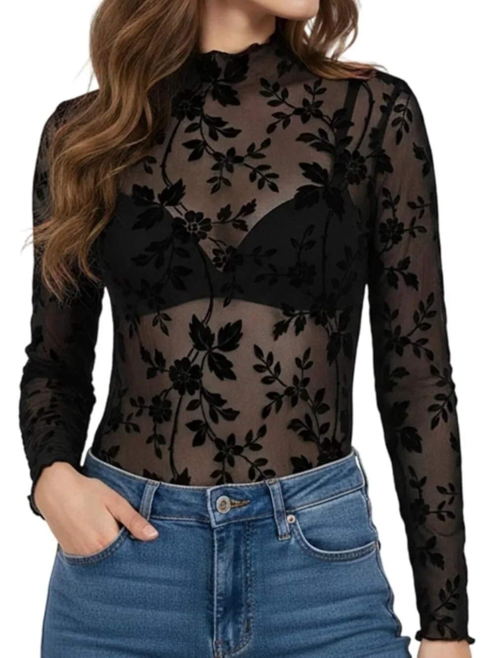 Lace Long Sleeve Floral Mock Neck Blouse - Sheer Fitted Top for Date Night